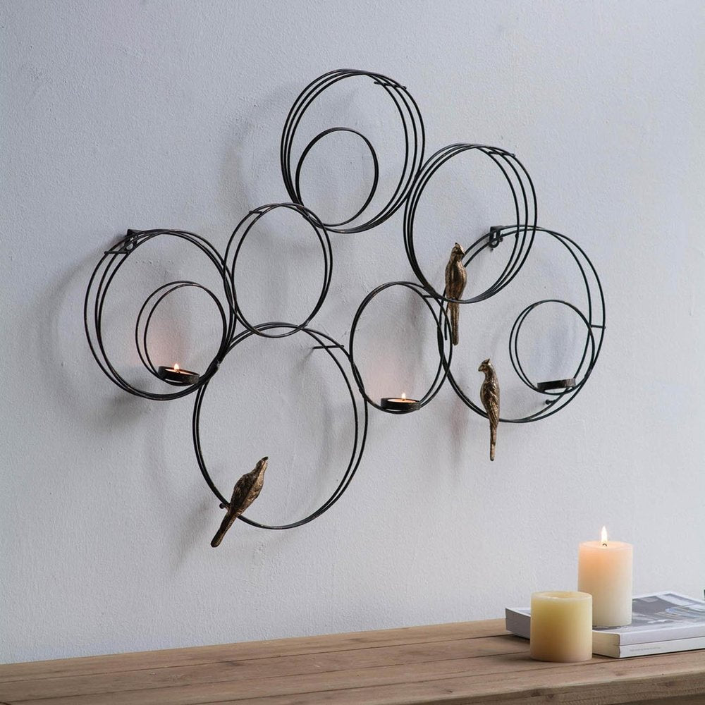 32" Black And Gold Metal Circles And Birds Hanging Sculpture With Votive Holders — view 2