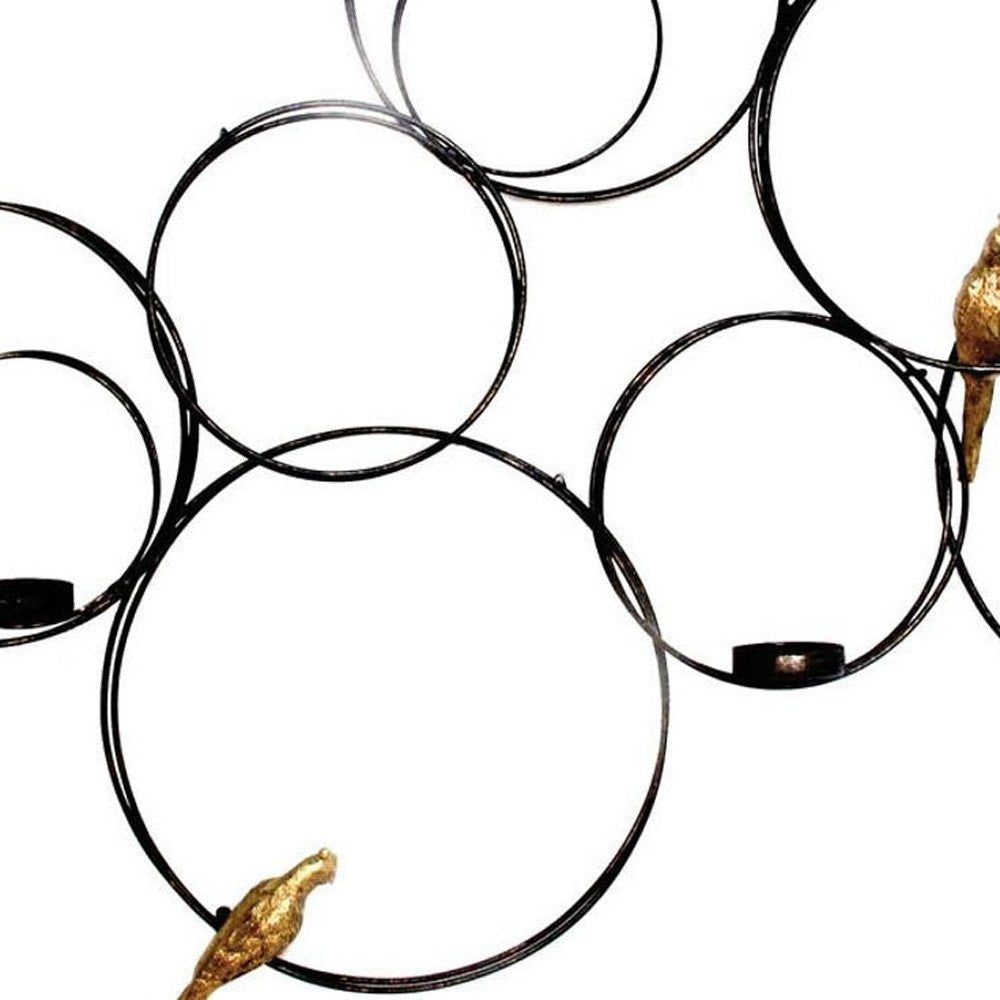32" Black And Gold Metal Circles And Birds Hanging Sculpture With Votive Holders — view 3