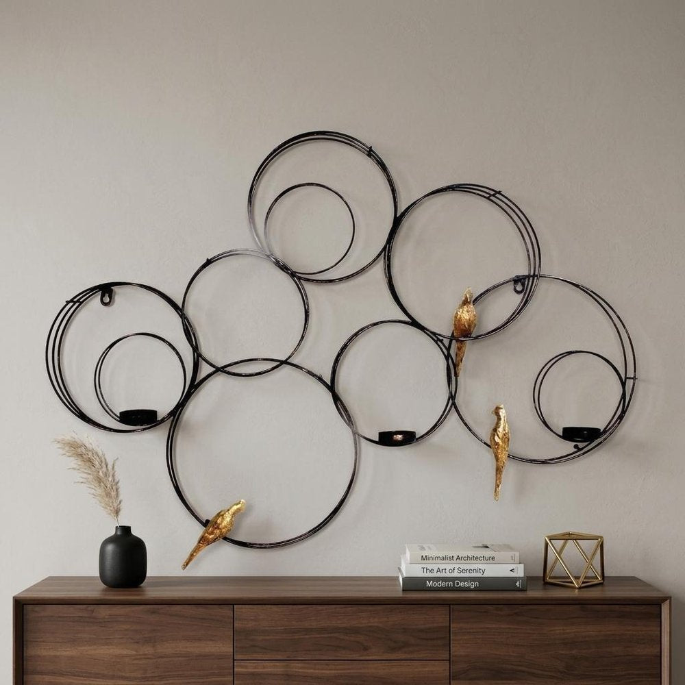 32" Black And Gold Metal Circles And Birds Hanging Sculpture With Votive Holders — view 5