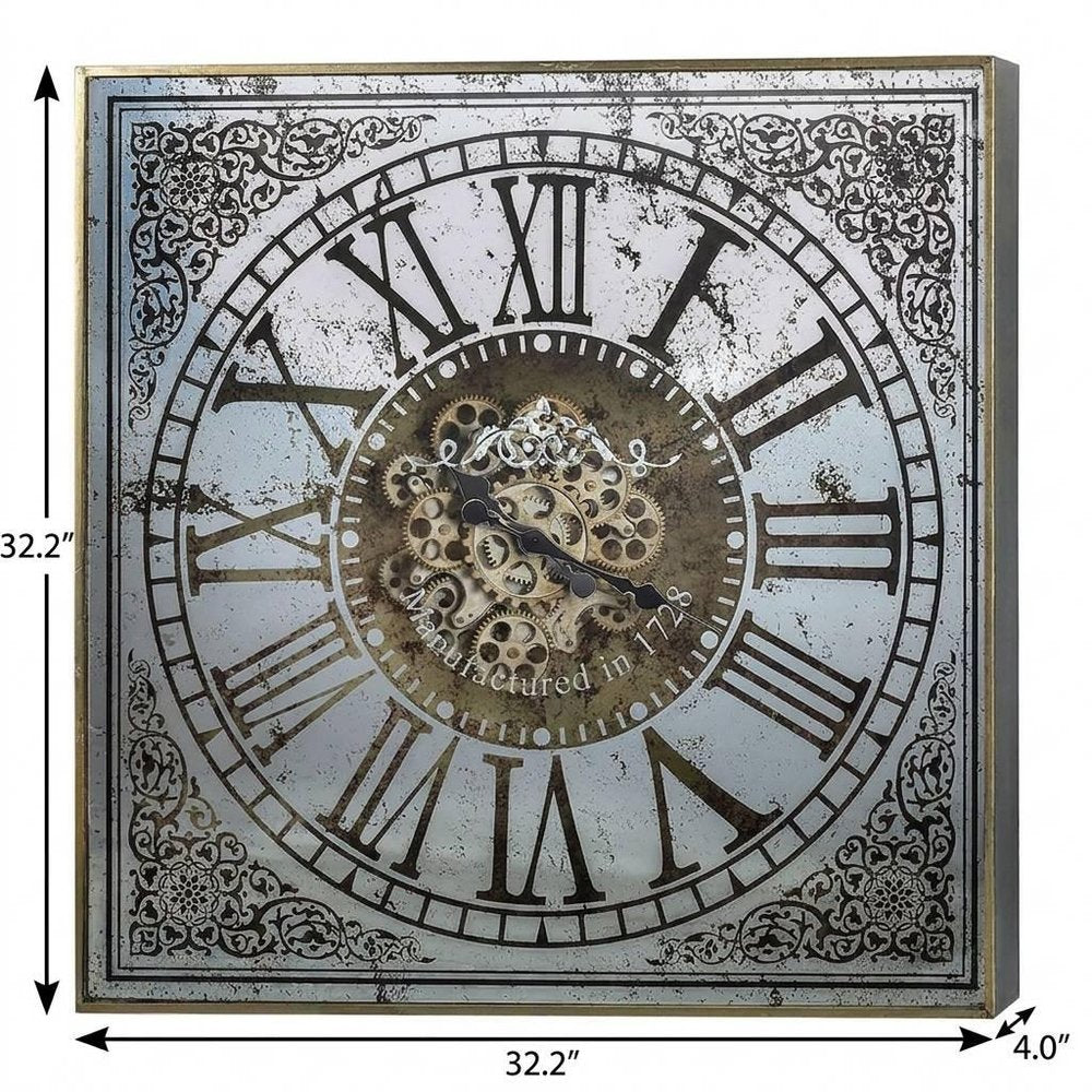 32" Gold And Silver Metal Analog Distressed Square Wall Clock HomeRoots