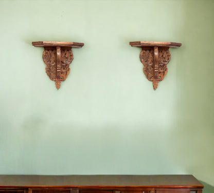 13" Set of Two Brown Boho Carved Wall Mounted Floating Shelves