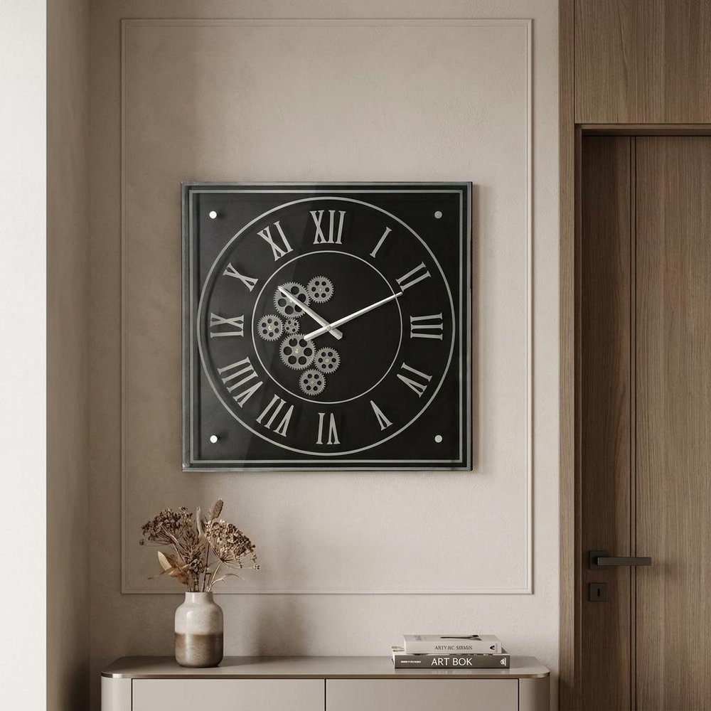 24" Black and Silver Vintage Style Gears Square Wall Clock HomeRoots