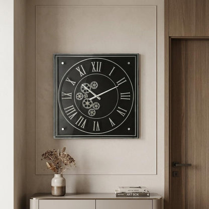 24" Black and Silver Vintage Style Gears Square Wall Clock HomeRoots