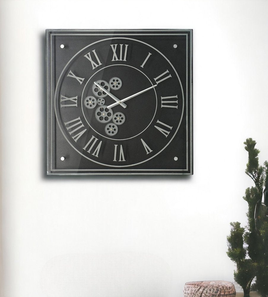 24" Black and Silver Vintage Style Gears Square Wall Clock HomeRoots