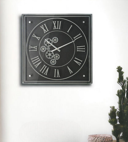 24" Black and Silver Vintage Style Gears Square Wall Clock HomeRoots
