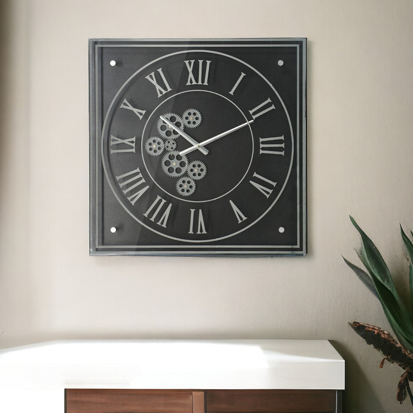 24" Black and Silver Vintage Style Gears Square Wall Clock