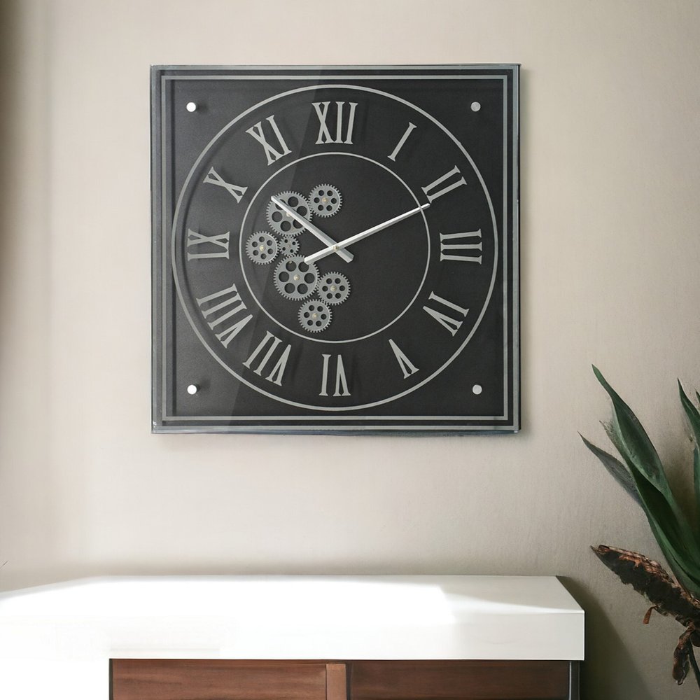 24" Black and Silver Vintage Style Gears Square Wall Clock HomeRoots