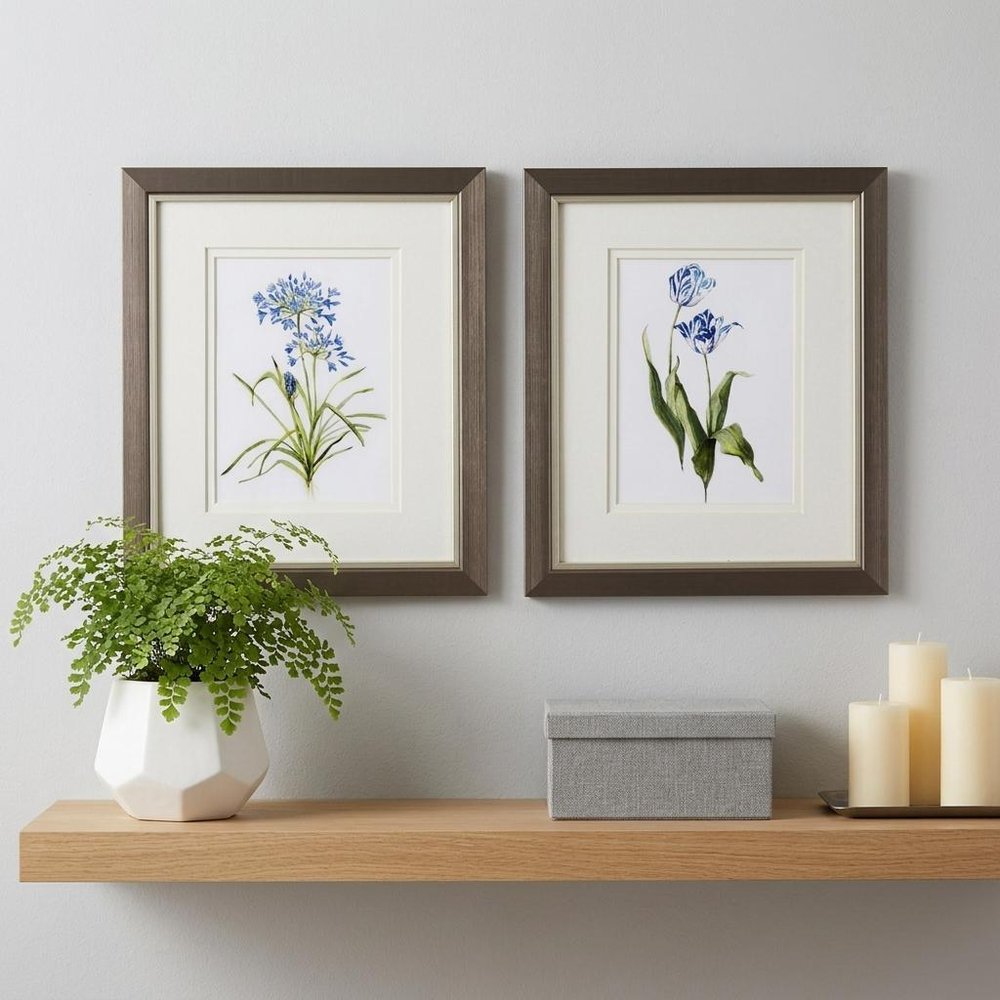 Set of Two Watercolor Dark Blue Flowers Wall Art — view 3