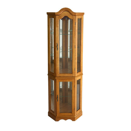 Golden Oak Scallop Top Lighted Corner Curio Cabinet HomeRoots