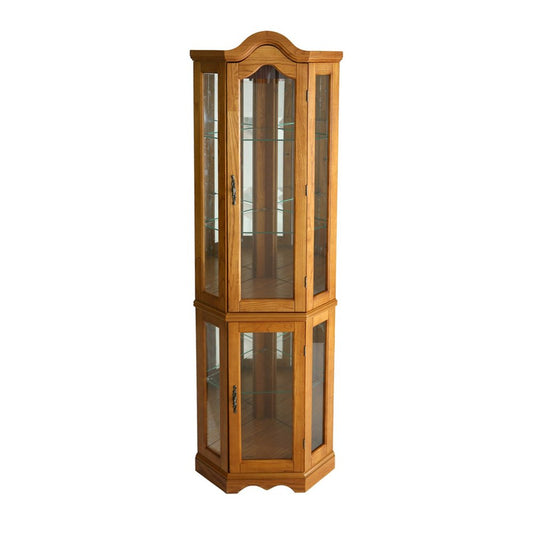 Golden Oak Scallop Top Lighted Corner Curio Cabinet HomeRoots