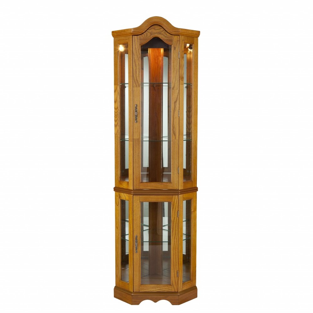 Golden Oak Scallop Top Lighted Corner Curio Cabinet HomeRoots