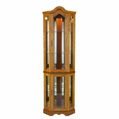 Golden Oak Scallop Top Lighted Corner Curio Cabinet HomeRoots