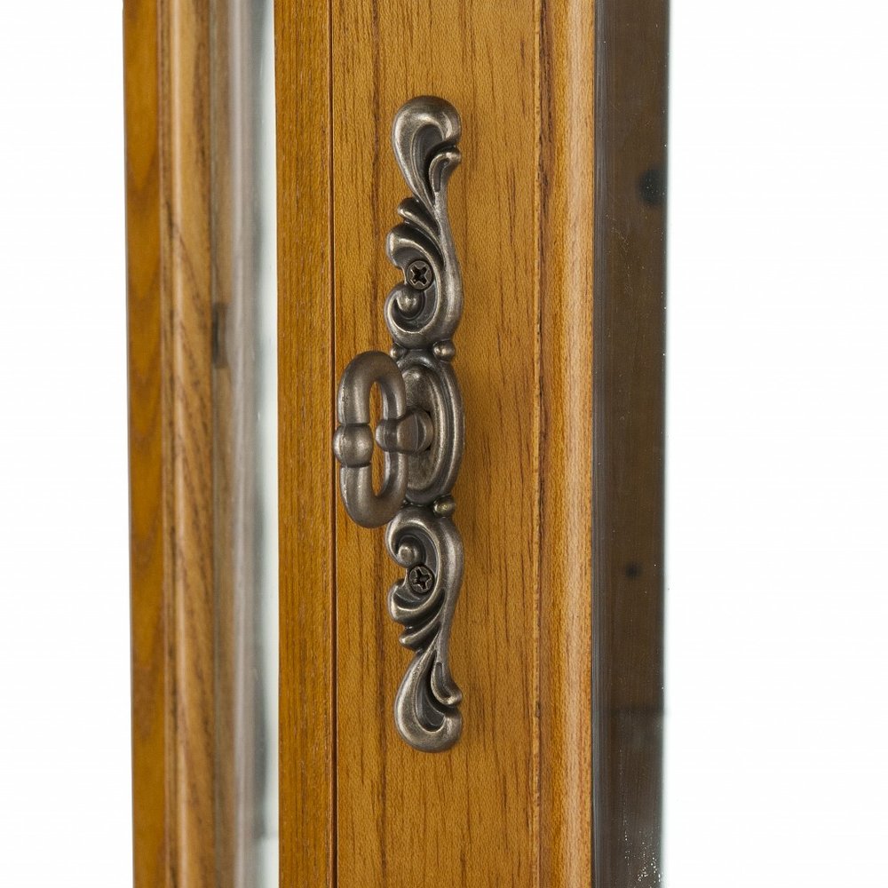 Golden Oak Scallop Top Lighted Corner Curio Cabinet HomeRoots