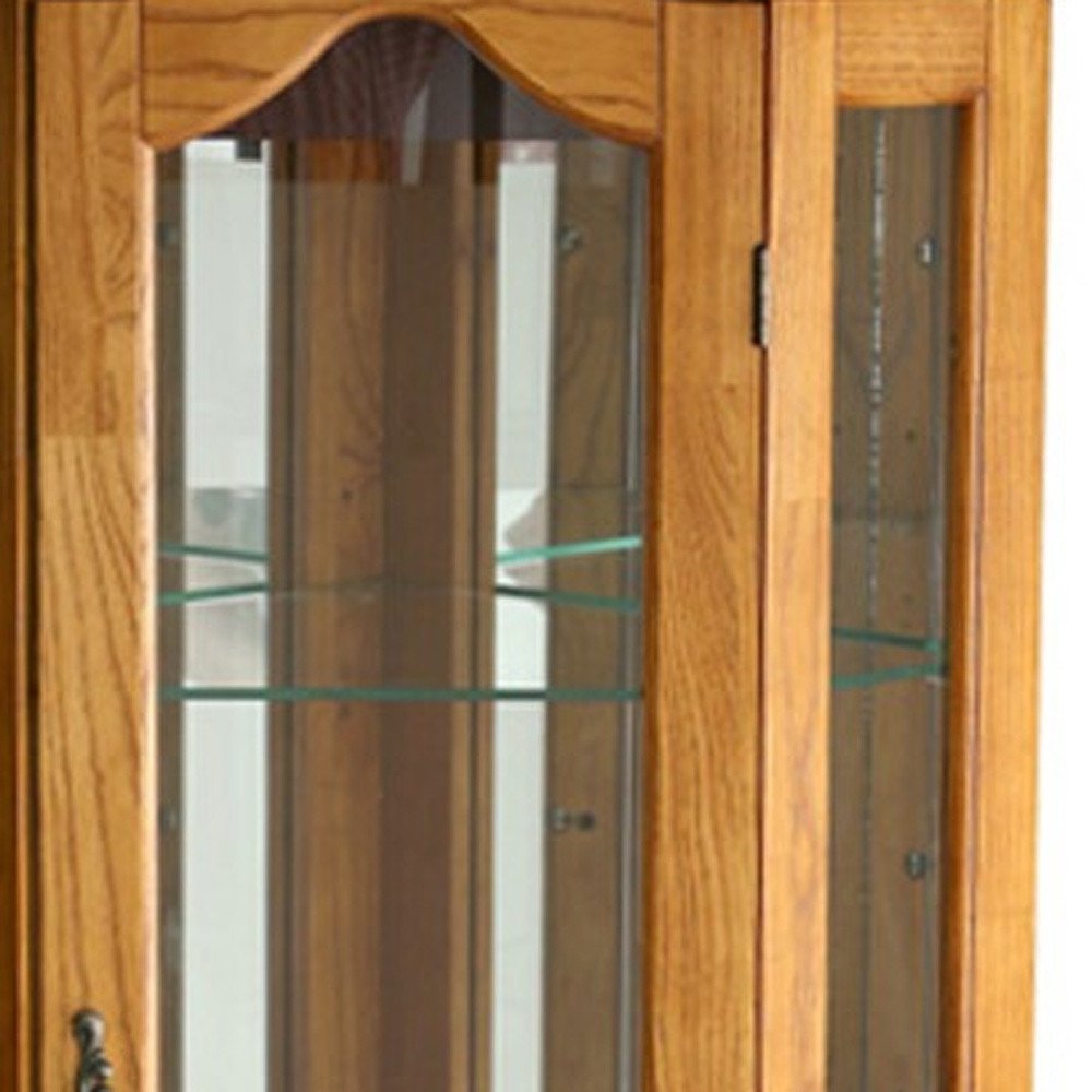 Golden Oak Scallop Top Lighted Corner Curio Cabinet HomeRoots