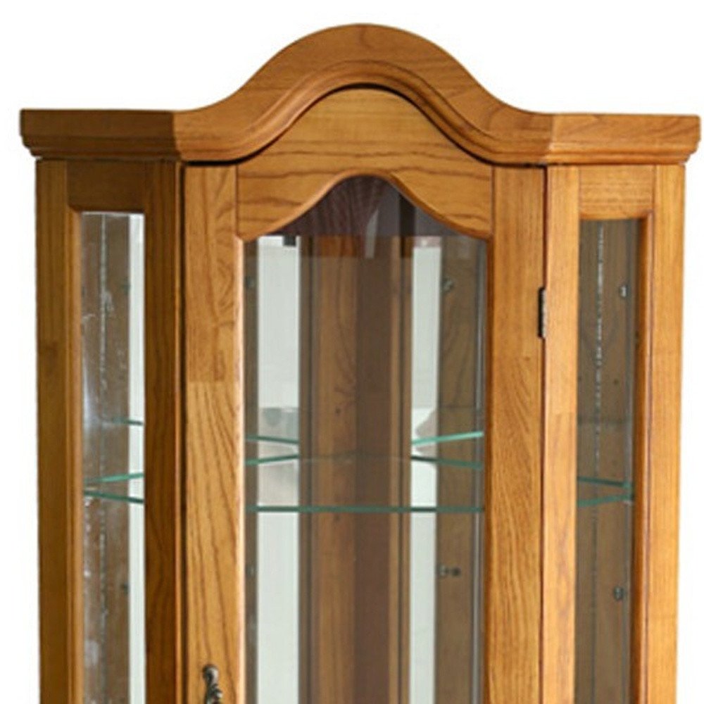 Golden Oak Scallop Top Lighted Corner Curio Cabinet HomeRoots