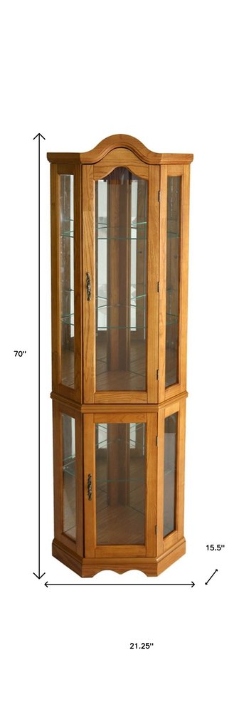 Golden Oak Scallop Top Lighted Corner Curio Cabinet HomeRoots