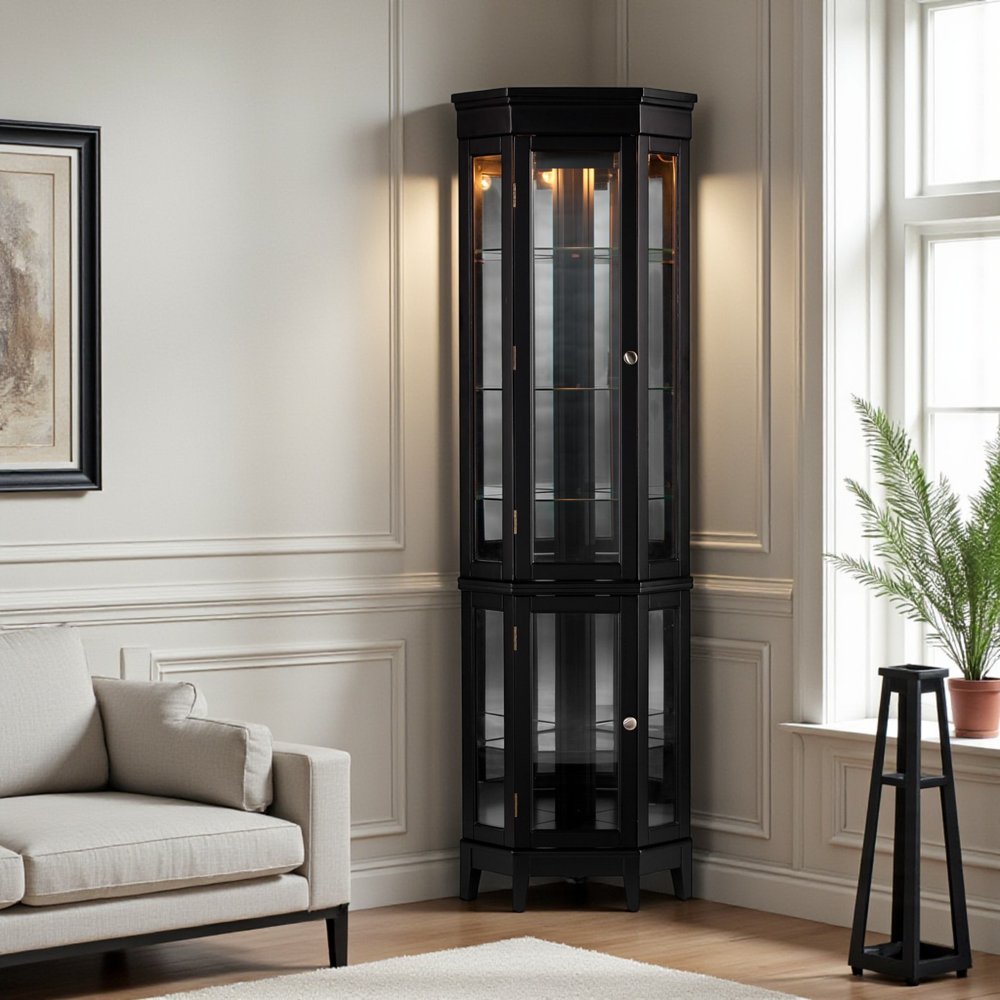 Elegant Black Lighted Curio Cabinet HomeRoots