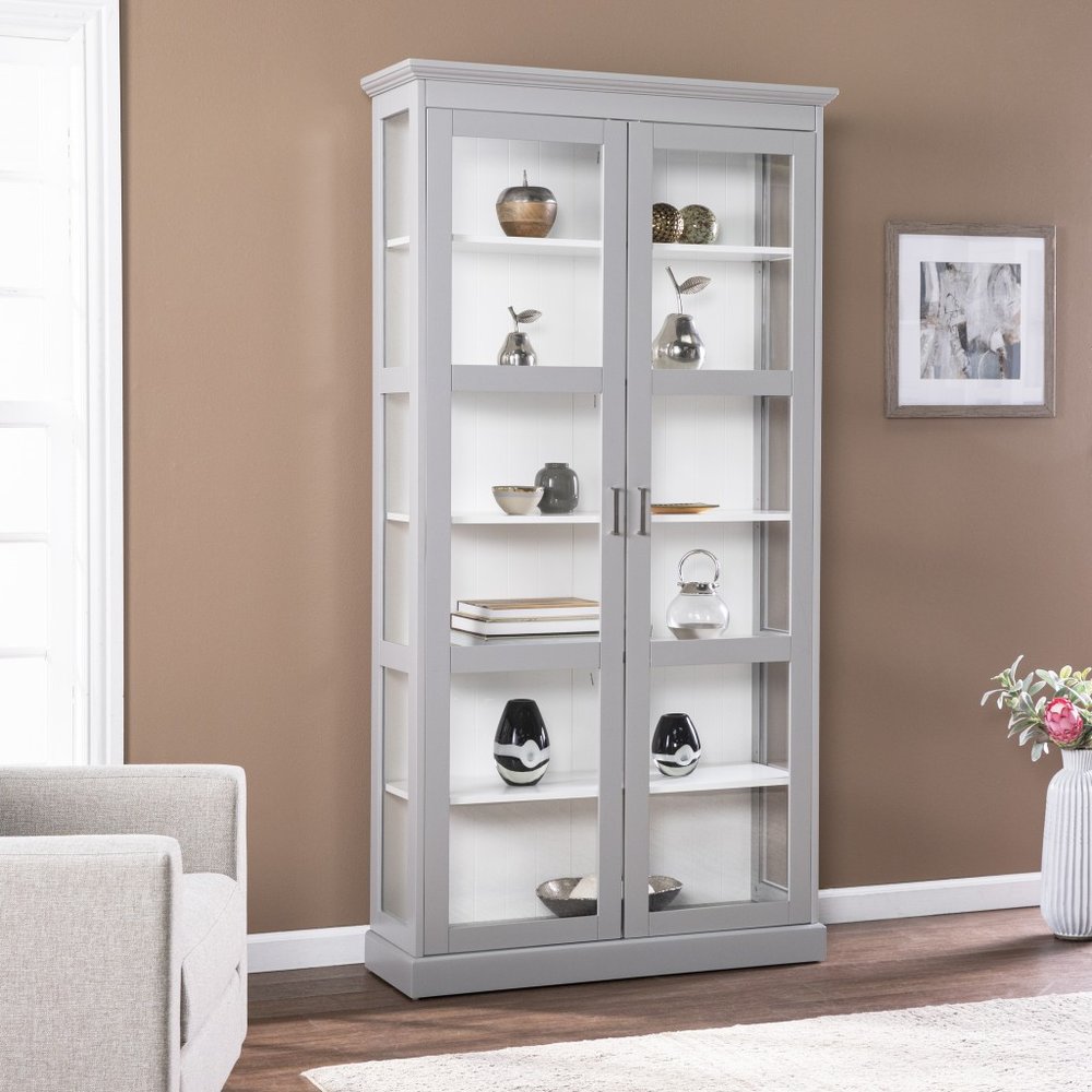 Gray Cornice Molding Double Door Curio Cabinet HomeRoots