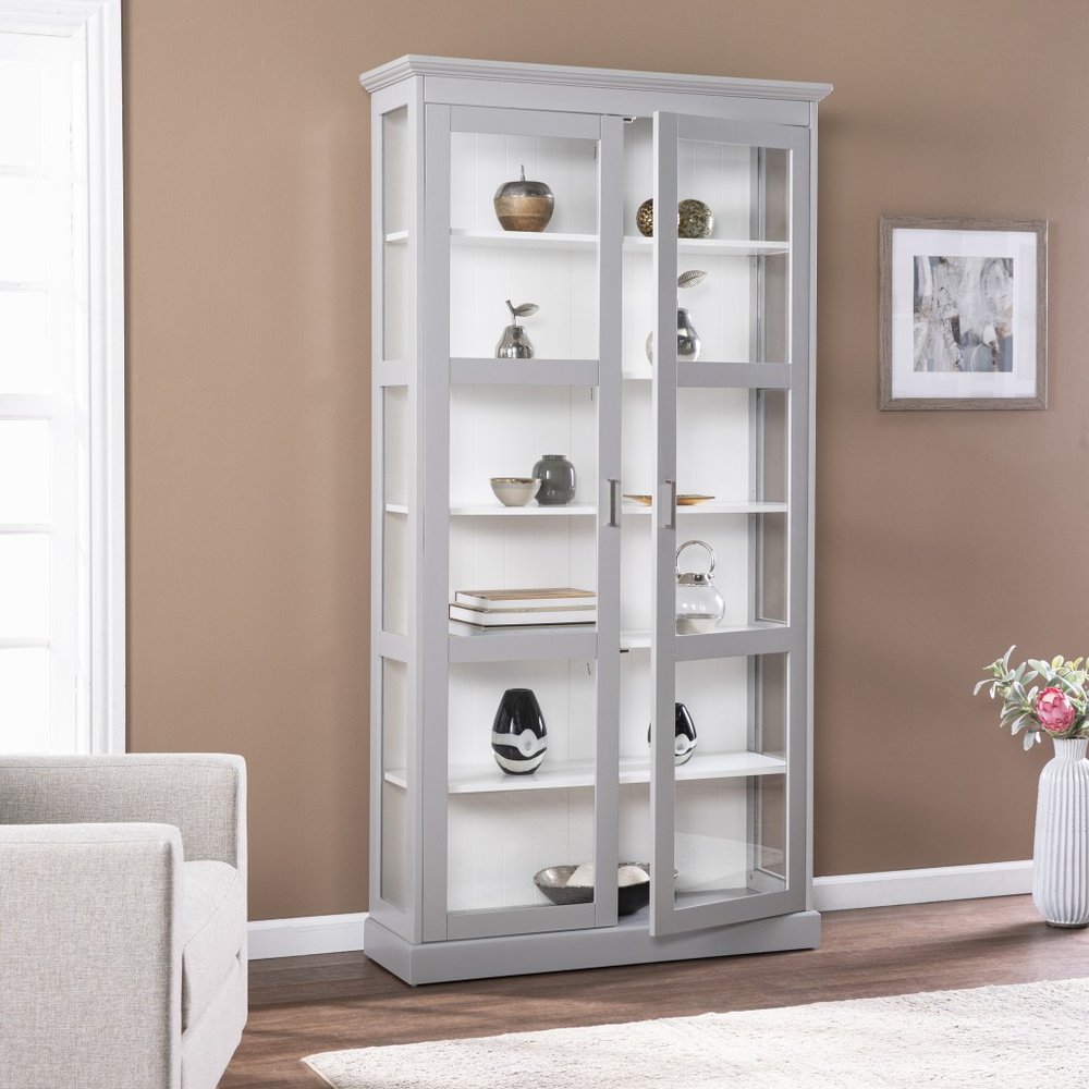 Gray Cornice Molding Double Door Curio Cabinet HomeRoots