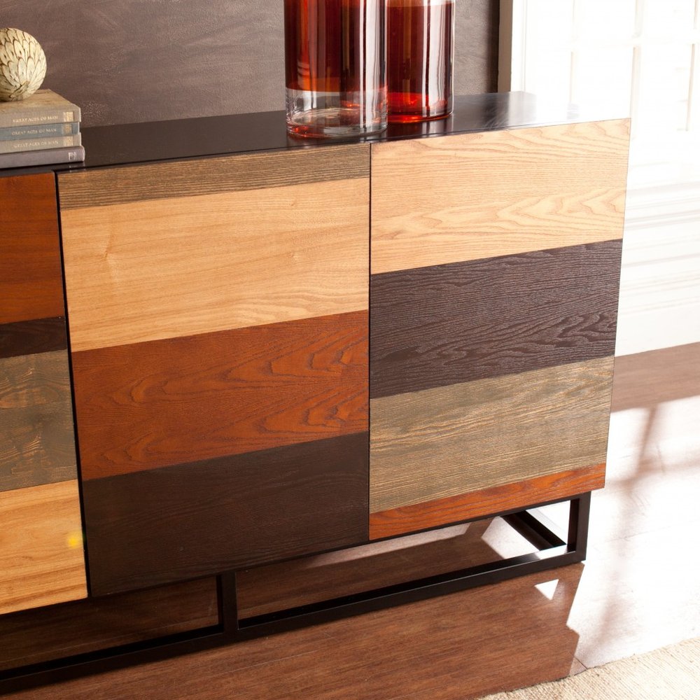 52" Brown Gray And Black Patch Three Door Sideboard Cabinet HomeRoots