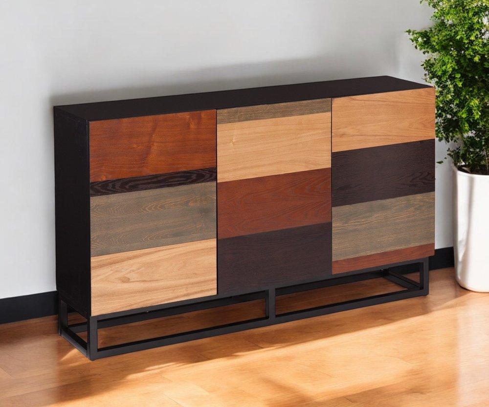 52" Brown Gray And Black Patch Three Door Sideboard Cabinet HomeRoots
