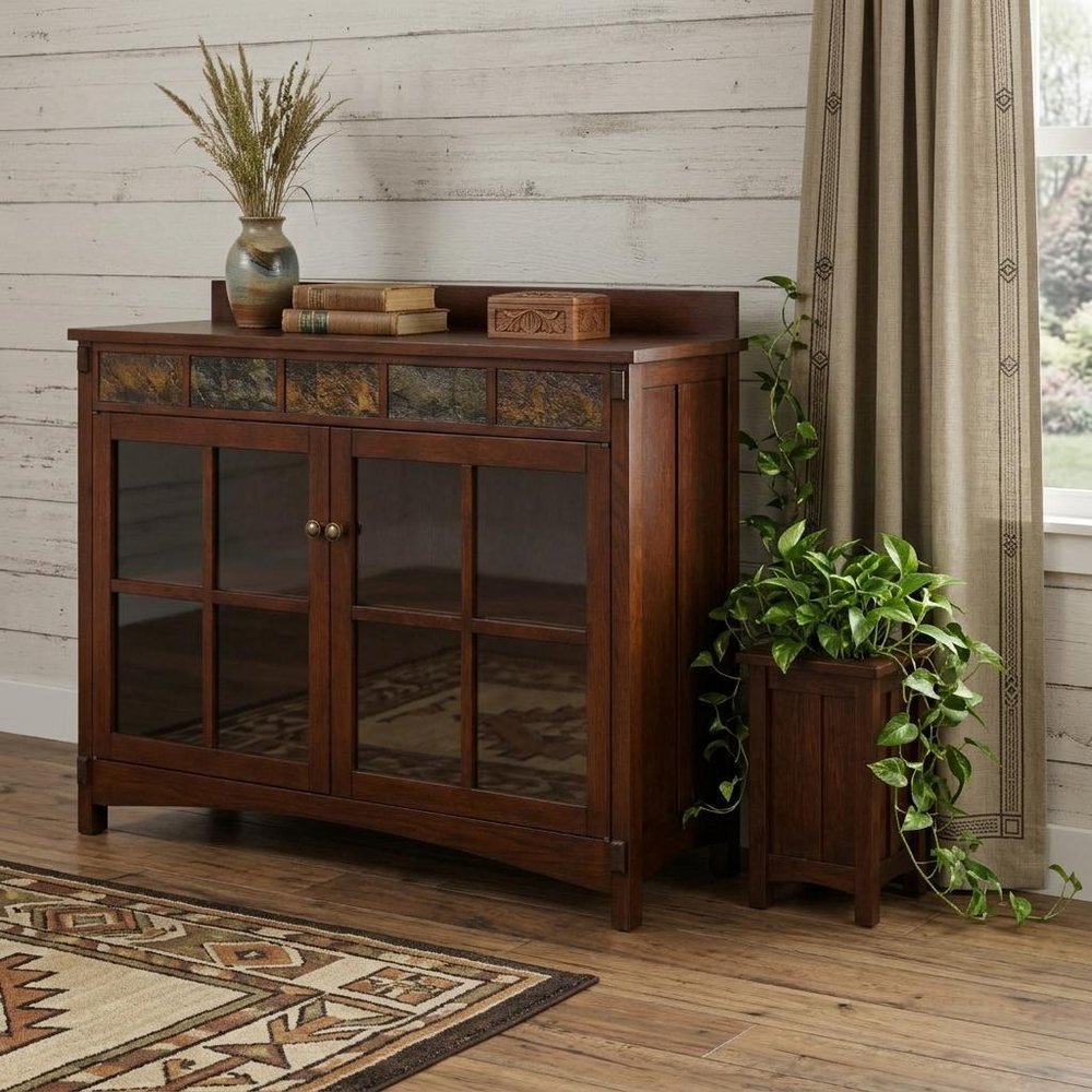 44" Brown Wood With Glass Sideboard with Two Doors HomeRoots
