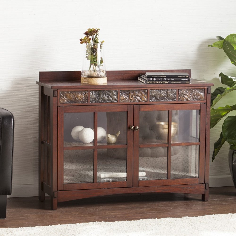 44" Brown Wood With Glass Sideboard with Two Doors HomeRoots
