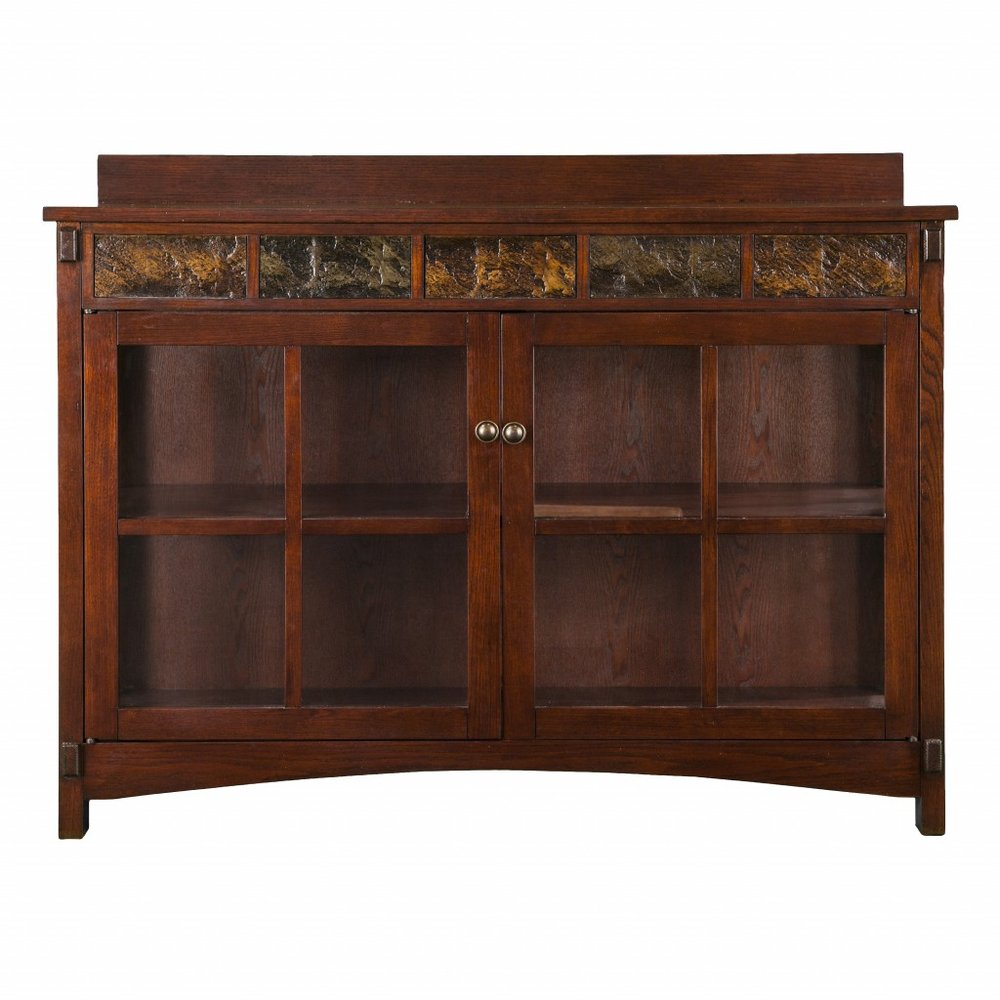44" Brown Wood With Glass Sideboard with Two Doors HomeRoots