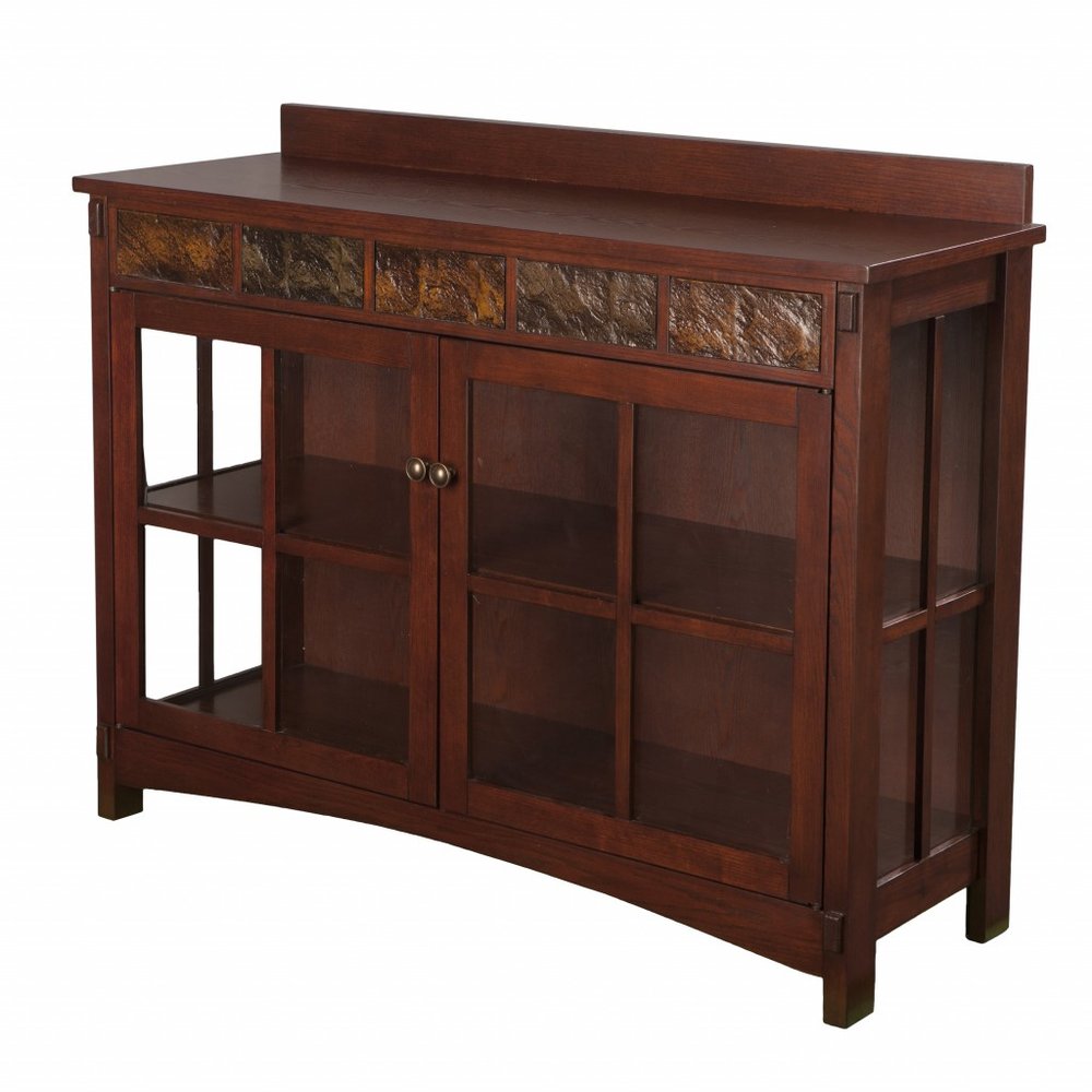 44" Brown Wood With Glass Sideboard with Two Doors HomeRoots