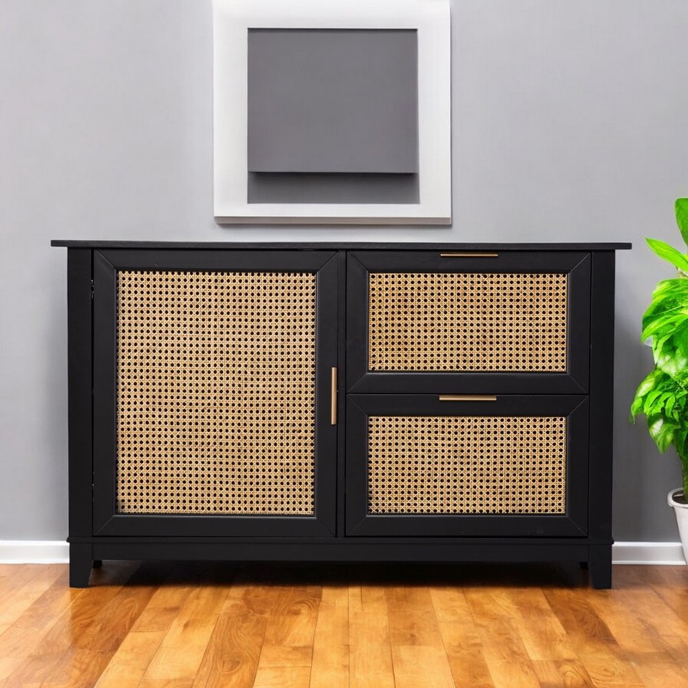 50" Black Solid Wood Two Drawer Sideboard HomeRoots