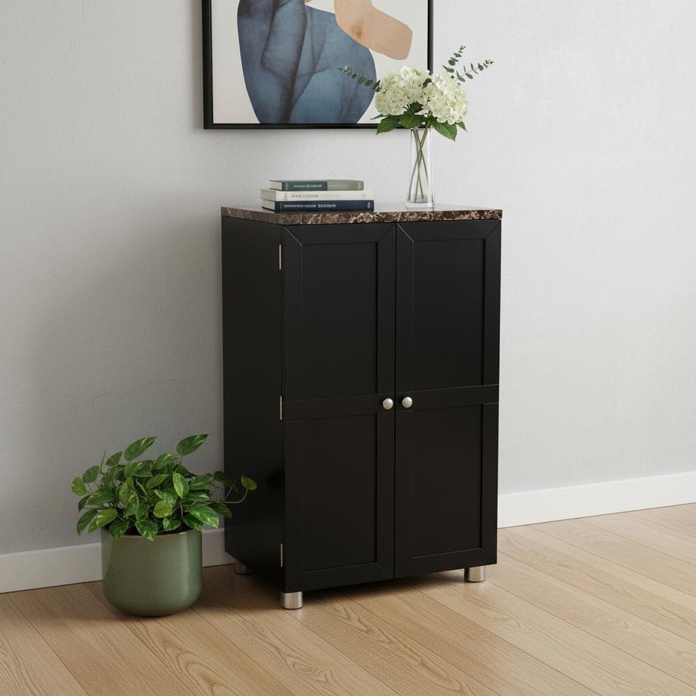 Metro Black Wood and Marble Bar Cabinet HomeRoots