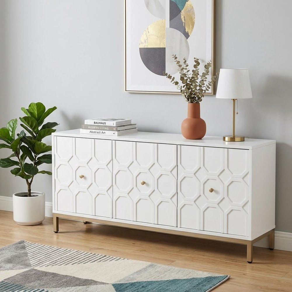 59" White and Gold Sideboard with Three Doors HomeRoots