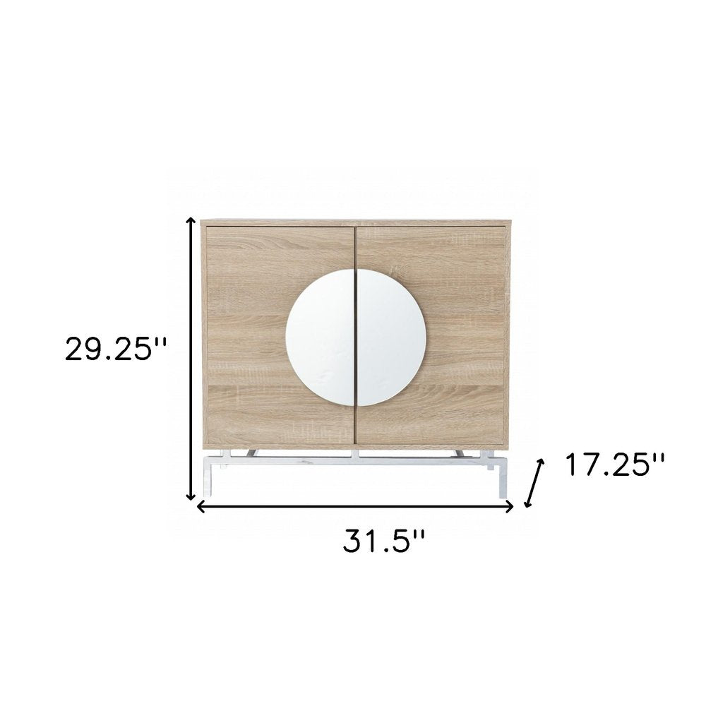 32" Natural and Chrome Mirrored Circle Double Door Bar Cabinet HomeRoots