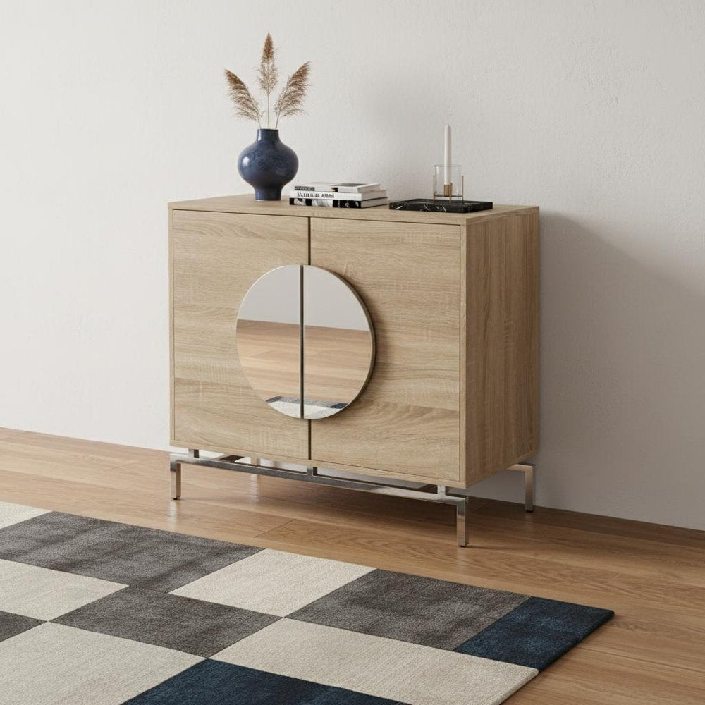 32" Natural and Chrome Mirrored Circle Double Door Bar Cabinet HomeRoots