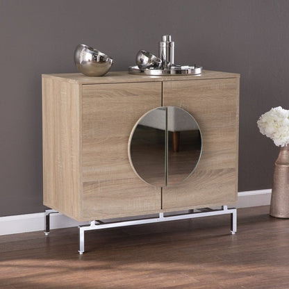 32" Natural and Chrome Mirrored Circle Double Door Bar Cabinet HomeRoots
