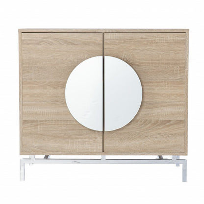 32" Natural and Chrome Mirrored Circle Double Door Bar Cabinet HomeRoots