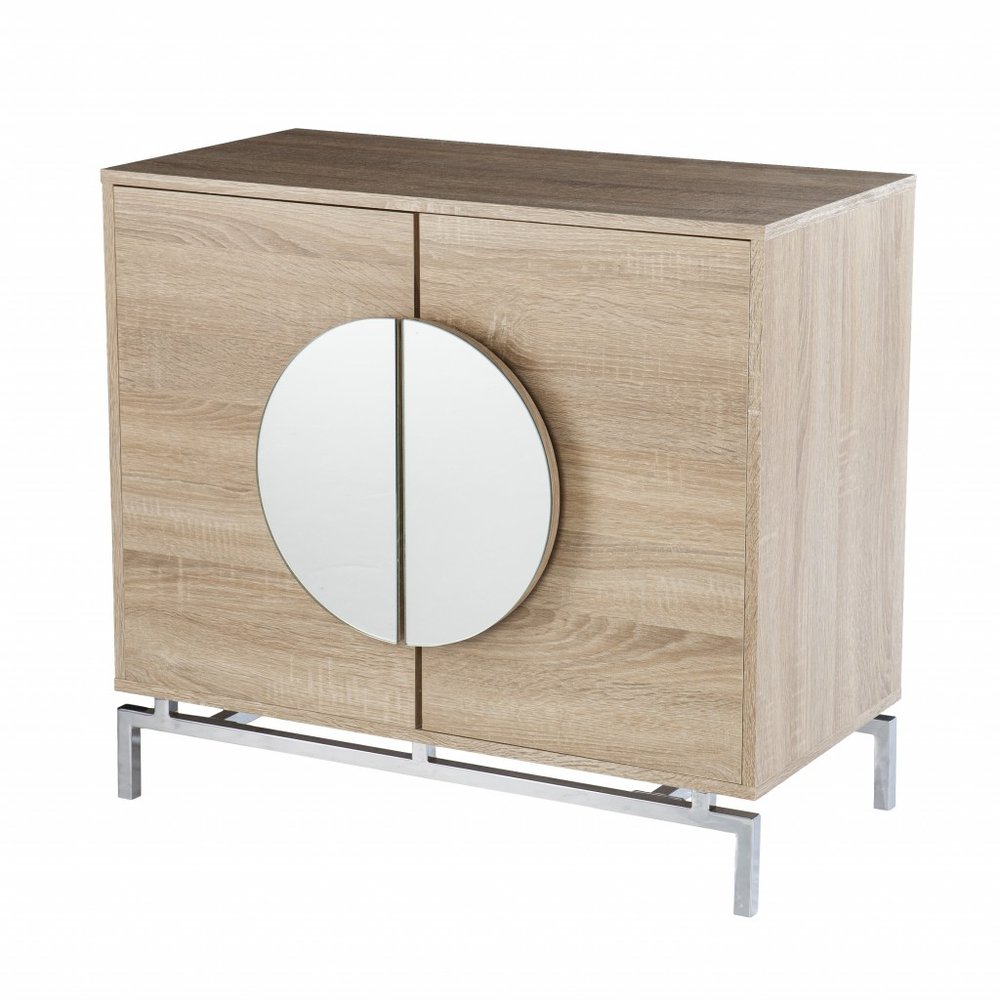 32" Natural and Chrome Mirrored Circle Double Door Bar Cabinet HomeRoots