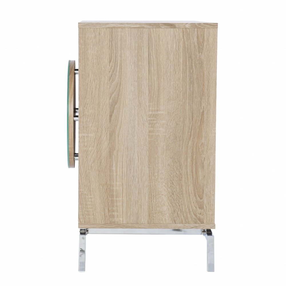 32" Natural and Chrome Mirrored Circle Double Door Bar Cabinet HomeRoots
