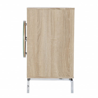 32" Natural and Chrome Mirrored Circle Double Door Bar Cabinet HomeRoots