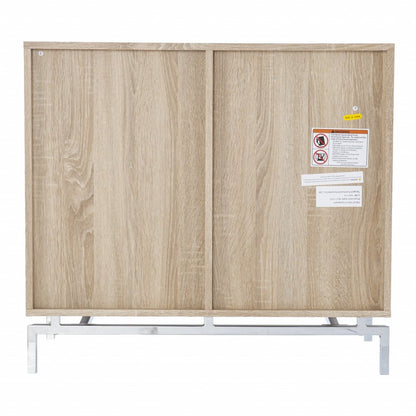 32" Natural and Chrome Mirrored Circle Double Door Bar Cabinet HomeRoots