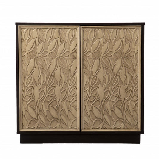 32" Dark Brown And Natural Carved Floral Sideboard with Two Doors HomeRoots
