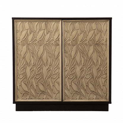 32" Dark Brown And Natural Carved Floral Sideboard with Two Doors HomeRoots