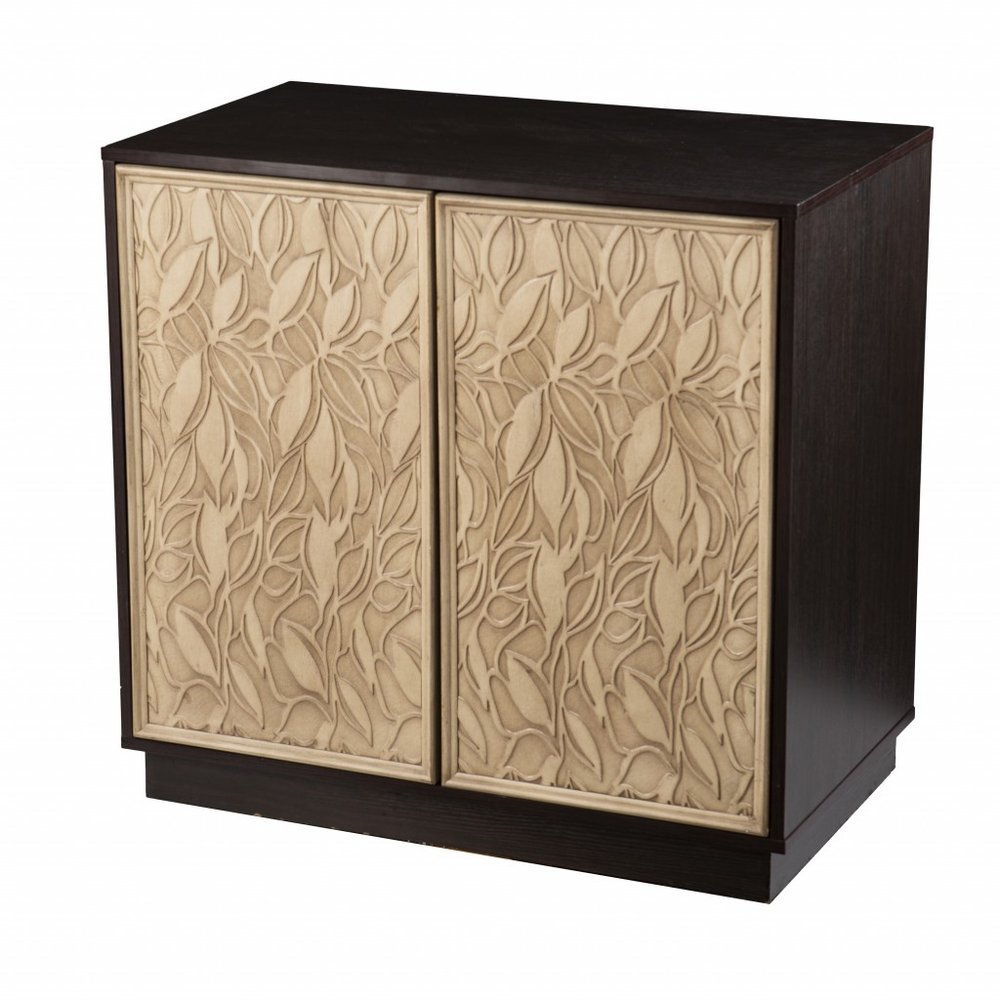 32" Dark Brown And Natural Carved Floral Sideboard with Two Doors HomeRoots