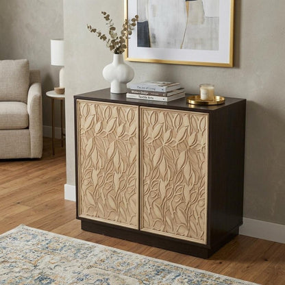 32" Dark Brown And Natural Carved Floral Sideboard with Two Doors HomeRoots
