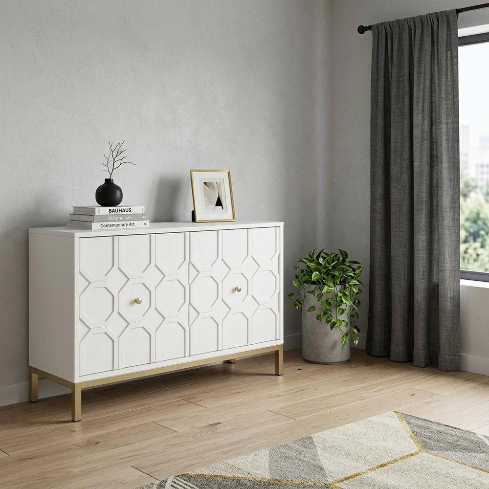 40" White Carved Geometric Sideboard with Two Doors HomeRoots