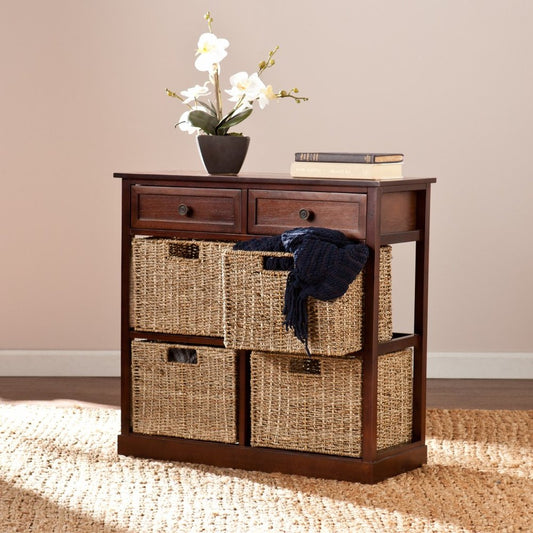 Mahogany and Seagrass Basket Storage Shelving Unit HomeRoots