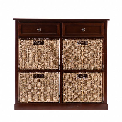 Mahogany and Seagrass Basket Storage Shelving Unit