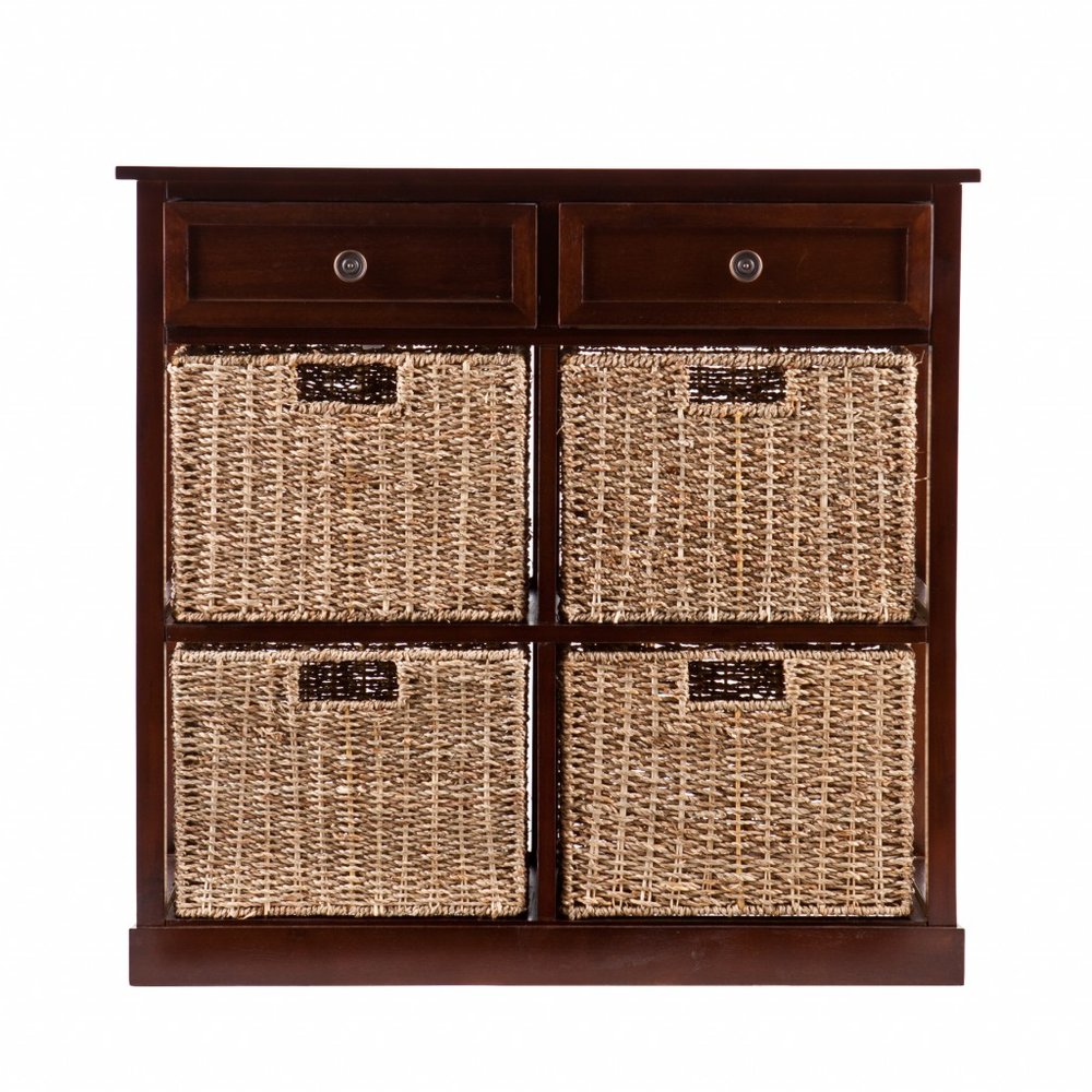 Mahogany and Seagrass Basket Storage Shelving Unit HomeRoots