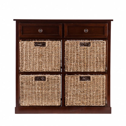 Mahogany and Seagrass Basket Storage Shelving Unit HomeRoots