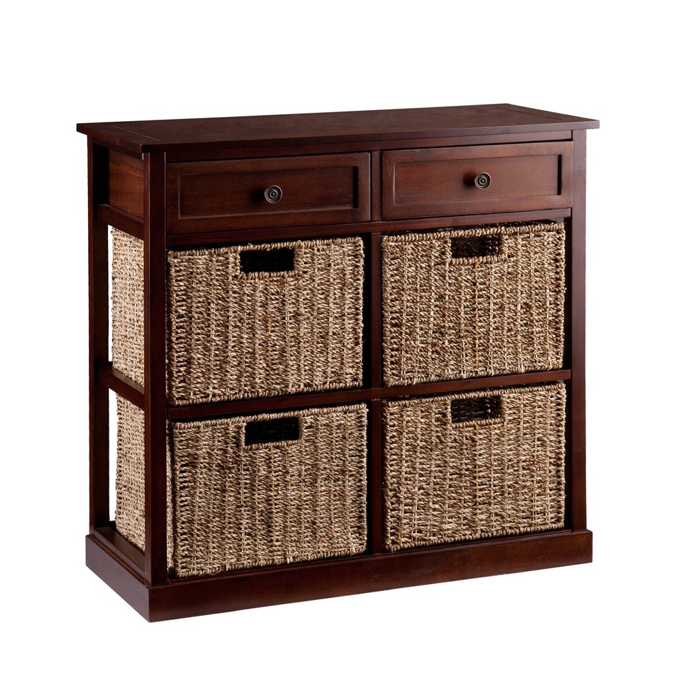 Mahogany and Seagrass Basket Storage Shelving Unit HomeRoots